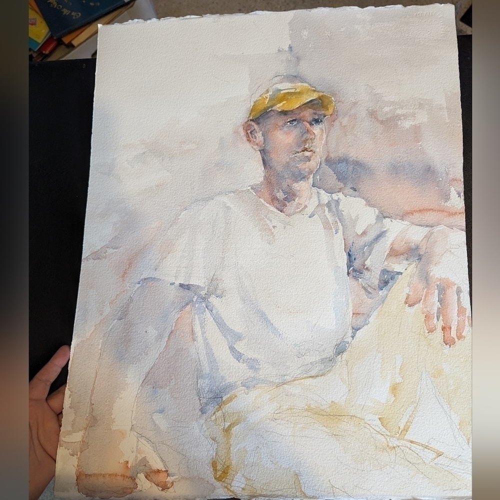 Watercolor painting guy sitting with baseball cap- raw- no frame